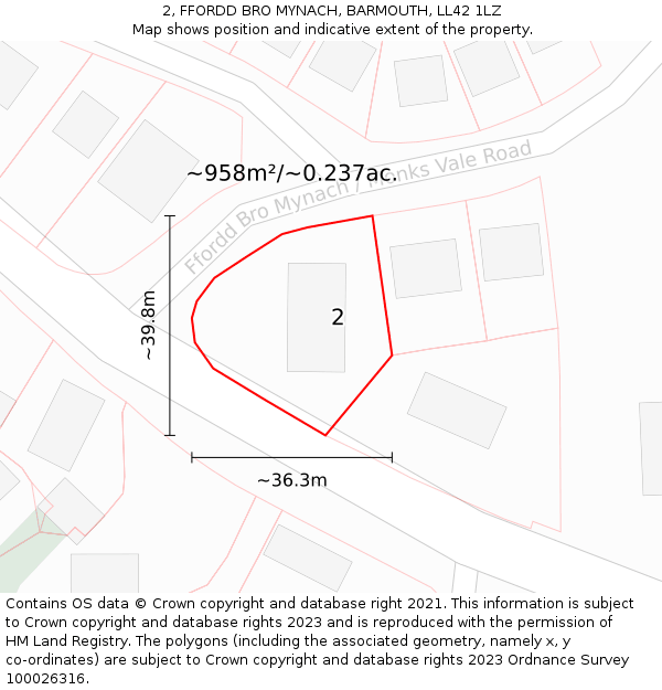 2, FFORDD BRO MYNACH, BARMOUTH, LL42 1LZ: Plot and title map