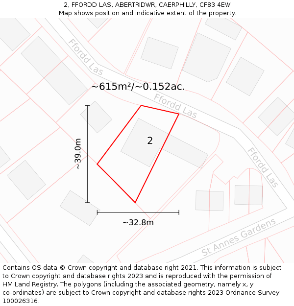 2, FFORDD LAS, ABERTRIDWR, CAERPHILLY, CF83 4EW: Plot and title map