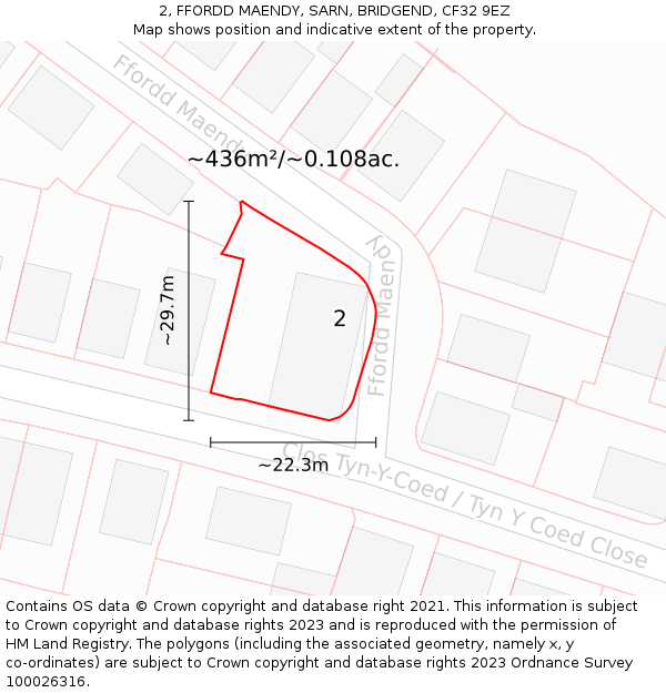 2, FFORDD MAENDY, SARN, BRIDGEND, CF32 9EZ: Plot and title map
