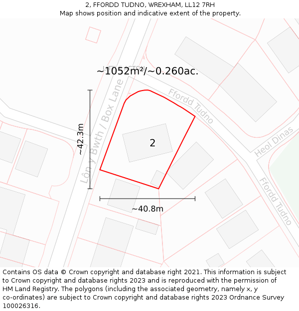 2, FFORDD TUDNO, WREXHAM, LL12 7RH: Plot and title map