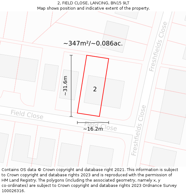 2, FIELD CLOSE, LANCING, BN15 9LT: Plot and title map