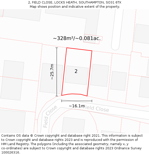 2, FIELD CLOSE, LOCKS HEATH, SOUTHAMPTON, SO31 6TX: Plot and title map
