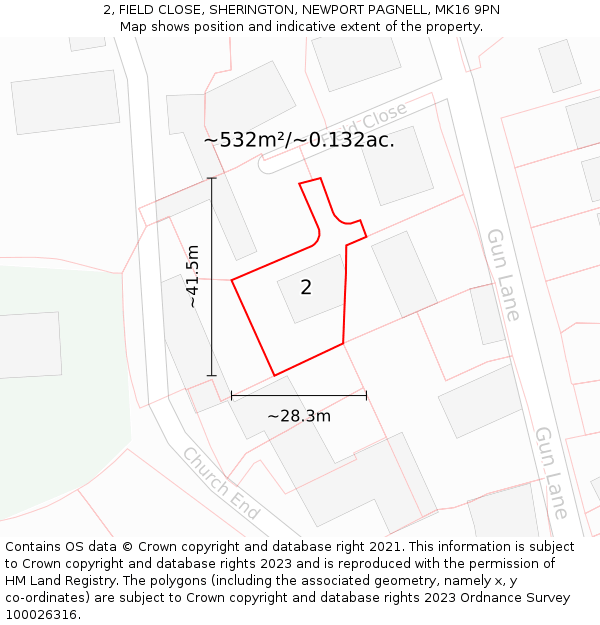2, FIELD CLOSE, SHERINGTON, NEWPORT PAGNELL, MK16 9PN: Plot and title map