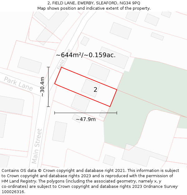 2, FIELD LANE, EWERBY, SLEAFORD, NG34 9PQ: Plot and title map