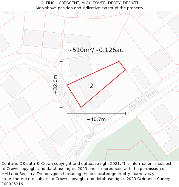 2, FINCH CRESCENT, MICKLEOVER, DERBY, DE3 0TT: Plot and title map