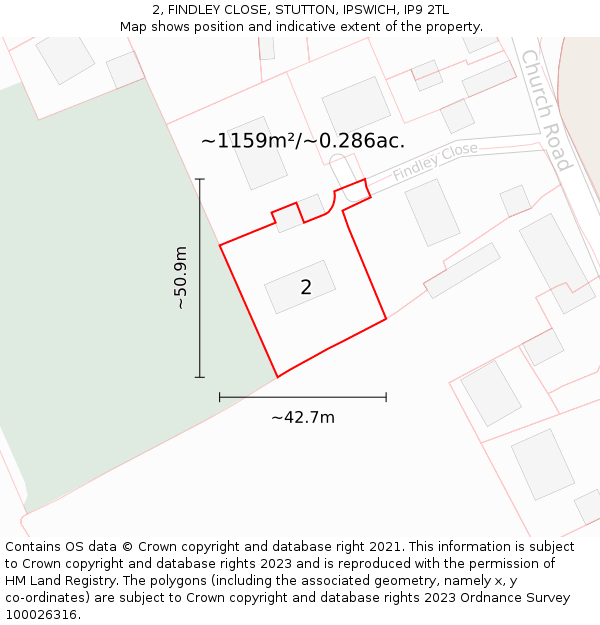 2, FINDLEY CLOSE, STUTTON, IPSWICH, IP9 2TL: Plot and title map