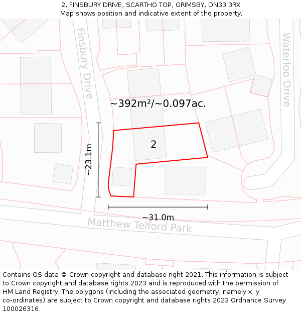 2, FINSBURY DRIVE, SCARTHO TOP, GRIMSBY, DN33 3RX: Plot and title map