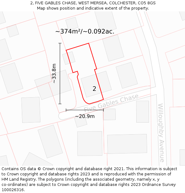 2, FIVE GABLES CHASE, WEST MERSEA, COLCHESTER, CO5 8GS: Plot and title map