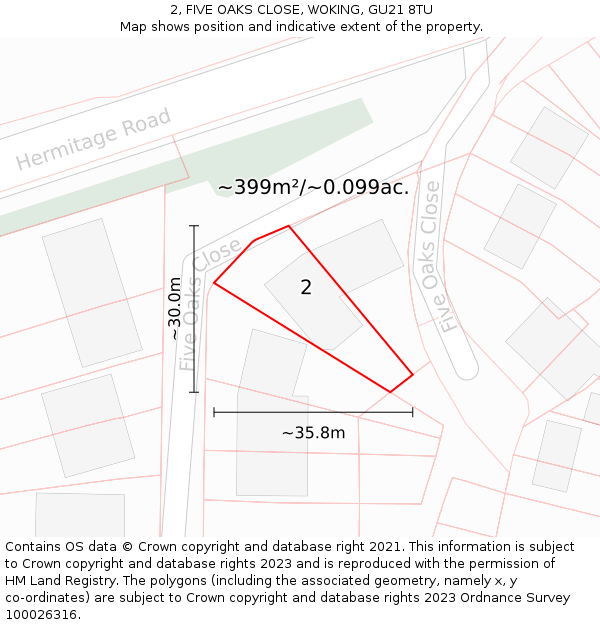 2, FIVE OAKS CLOSE, WOKING, GU21 8TU: Plot and title map