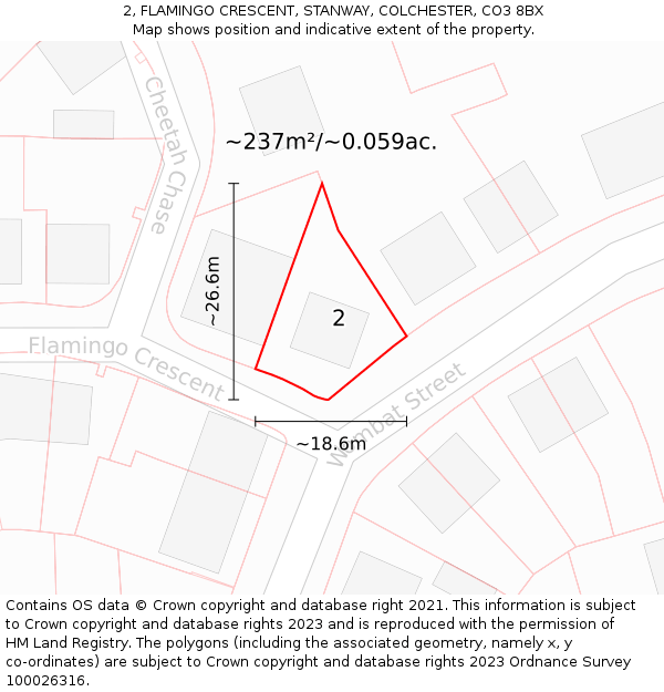2, FLAMINGO CRESCENT, STANWAY, COLCHESTER, CO3 8BX: Plot and title map