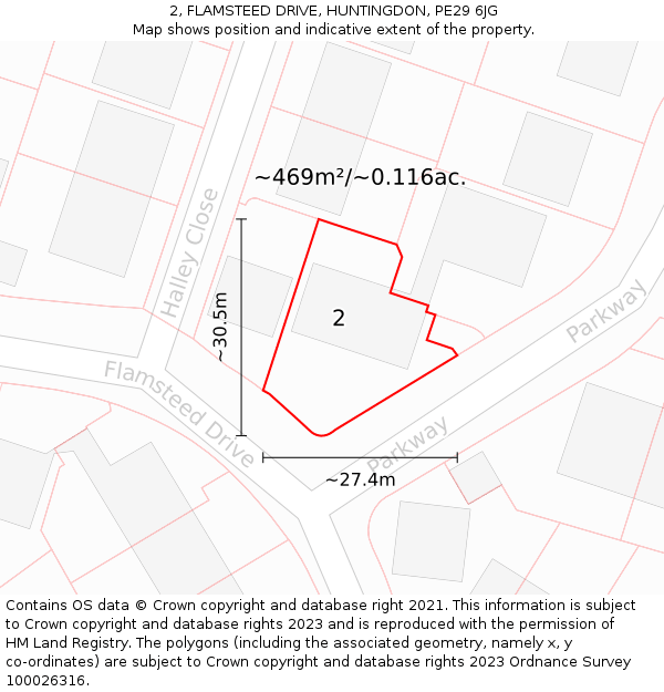 2, FLAMSTEED DRIVE, HUNTINGDON, PE29 6JG: Plot and title map