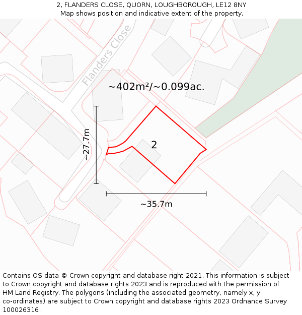 2, FLANDERS CLOSE, QUORN, LOUGHBOROUGH, LE12 8NY: Plot and title map