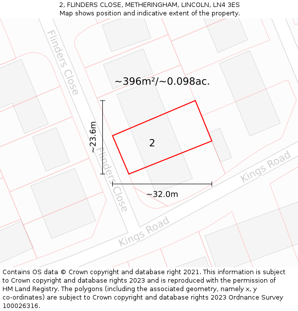 2, FLINDERS CLOSE, METHERINGHAM, LINCOLN, LN4 3ES: Plot and title map