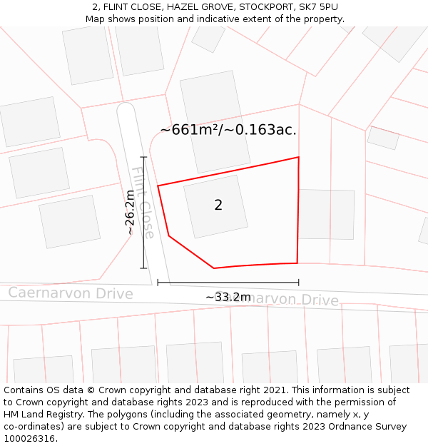 2, FLINT CLOSE, HAZEL GROVE, STOCKPORT, SK7 5PU: Plot and title map