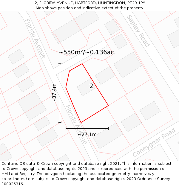 2, FLORIDA AVENUE, HARTFORD, HUNTINGDON, PE29 1PY: Plot and title map