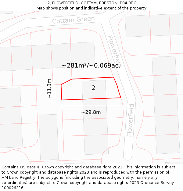 2, FLOWERFIELD, COTTAM, PRESTON, PR4 0BG: Plot and title map