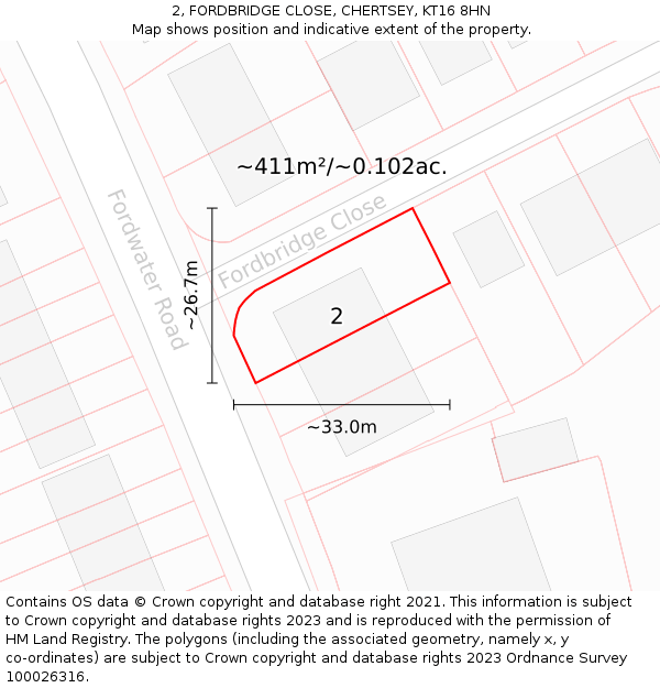 2, FORDBRIDGE CLOSE, CHERTSEY, KT16 8HN: Plot and title map
