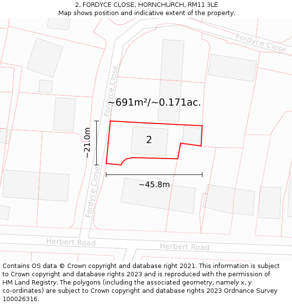 2, FORDYCE CLOSE, HORNCHURCH, RM11 3LE: Plot and title map