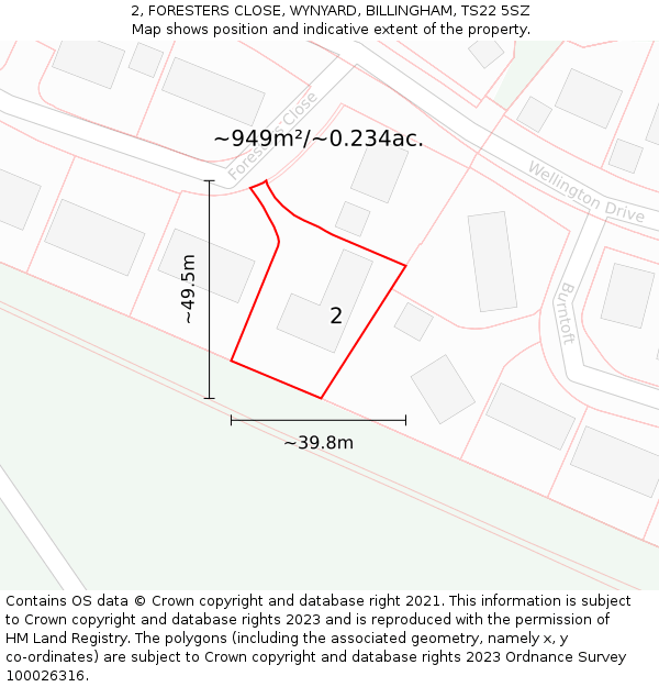 2, FORESTERS CLOSE, WYNYARD, BILLINGHAM, TS22 5SZ: Plot and title map