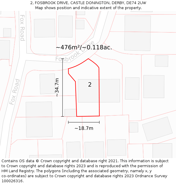 2, FOSBROOK DRIVE, CASTLE DONINGTON, DERBY, DE74 2UW: Plot and title map