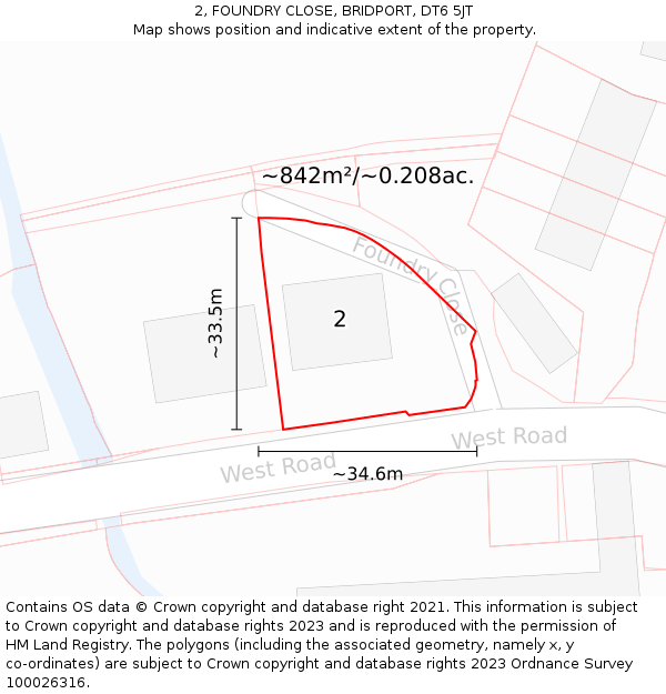 2, FOUNDRY CLOSE, BRIDPORT, DT6 5JT: Plot and title map