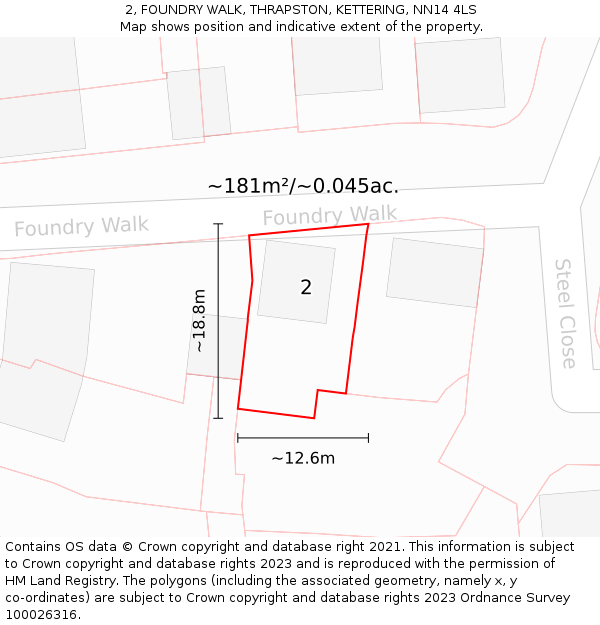 2, FOUNDRY WALK, THRAPSTON, KETTERING, NN14 4LS: Plot and title map