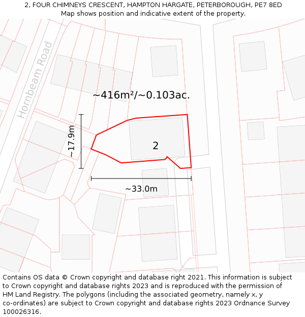 2, FOUR CHIMNEYS CRESCENT, HAMPTON HARGATE, PETERBOROUGH, PE7 8ED: Plot and title map