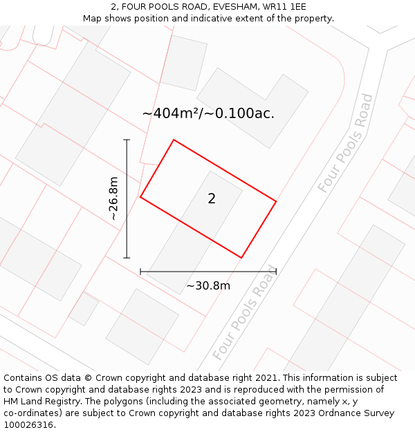 2, FOUR POOLS ROAD, EVESHAM, WR11 1EE: Plot and title map