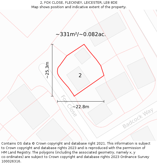 2, FOX CLOSE, FLECKNEY, LEICESTER, LE8 8DE: Plot and title map