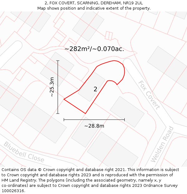 2, FOX COVERT, SCARNING, DEREHAM, NR19 2UL: Plot and title map