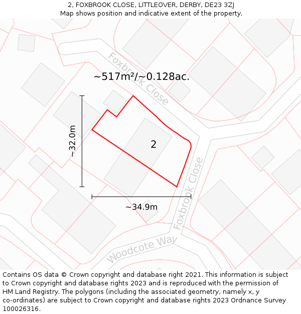 2, FOXBROOK CLOSE, LITTLEOVER, DERBY, DE23 3ZJ: Plot and title map