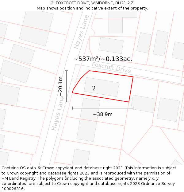 2, FOXCROFT DRIVE, WIMBORNE, BH21 2JZ: Plot and title map