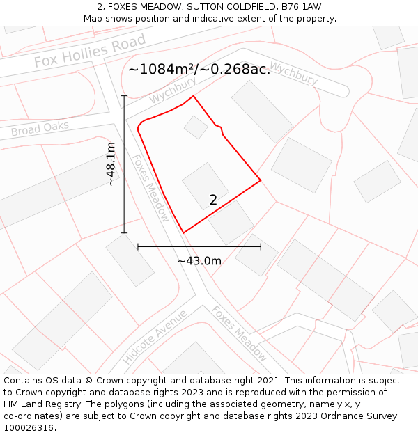2, FOXES MEADOW, SUTTON COLDFIELD, B76 1AW: Plot and title map