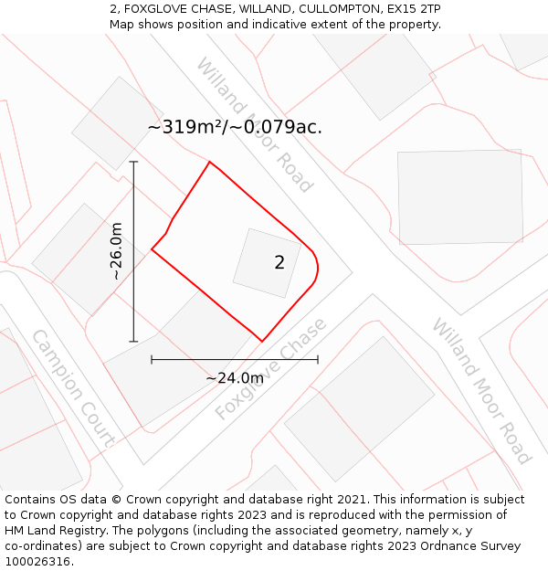 2, FOXGLOVE CHASE, WILLAND, CULLOMPTON, EX15 2TP: Plot and title map