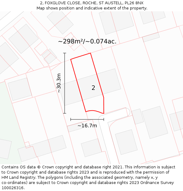 2, FOXGLOVE CLOSE, ROCHE, ST AUSTELL, PL26 8NX: Plot and title map