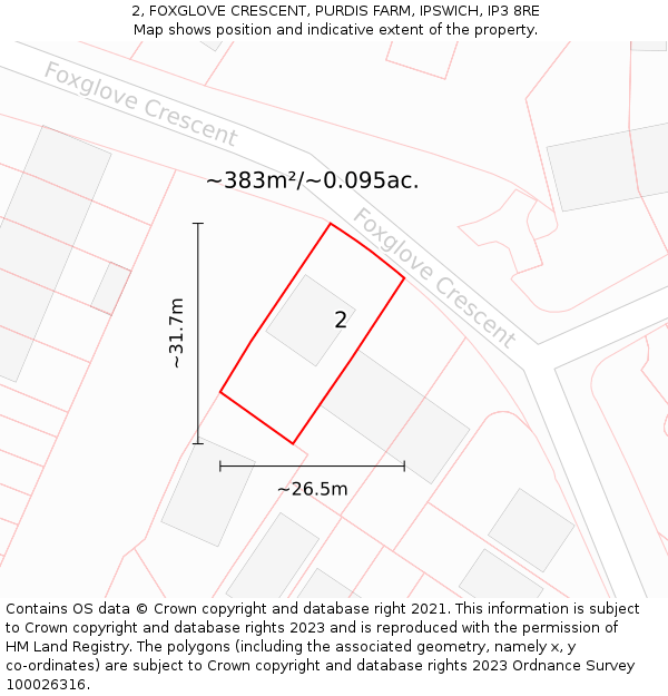 2, FOXGLOVE CRESCENT, PURDIS FARM, IPSWICH, IP3 8RE: Plot and title map