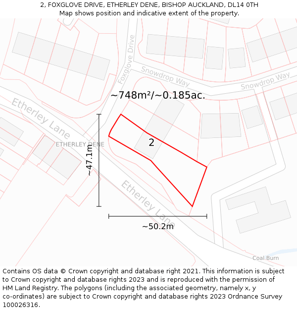 2, FOXGLOVE DRIVE, ETHERLEY DENE, BISHOP AUCKLAND, DL14 0TH: Plot and title map
