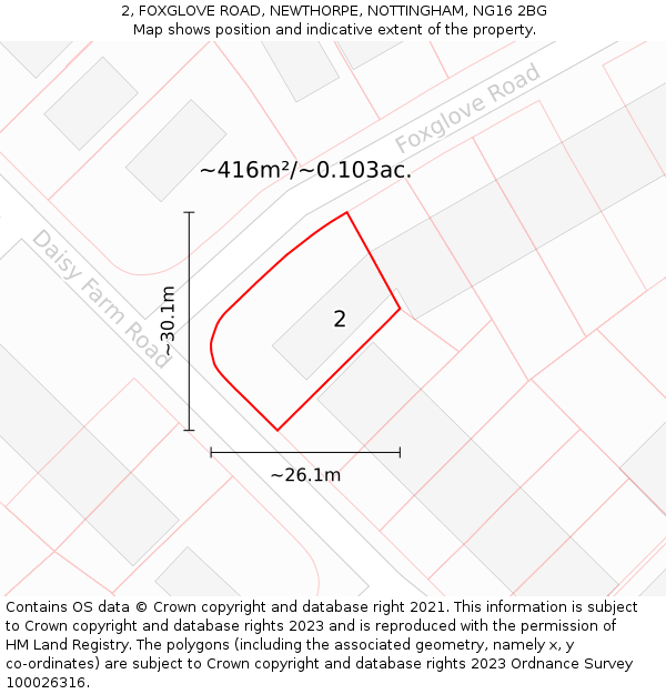 2, FOXGLOVE ROAD, NEWTHORPE, NOTTINGHAM, NG16 2BG: Plot and title map