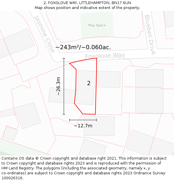 2, FOXGLOVE WAY, LITTLEHAMPTON, BN17 6UN: Plot and title map