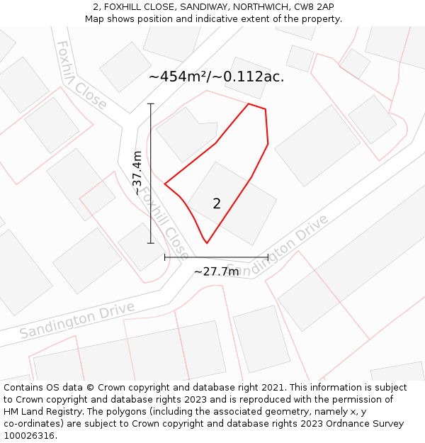2, FOXHILL CLOSE, SANDIWAY, NORTHWICH, CW8 2AP: Plot and title map