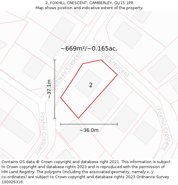 2, FOXHILL CRESCENT, CAMBERLEY, GU15 1PR: Plot and title map