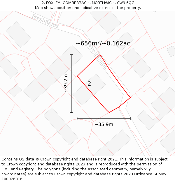 2, FOXLEA, COMBERBACH, NORTHWICH, CW9 6QG: Plot and title map