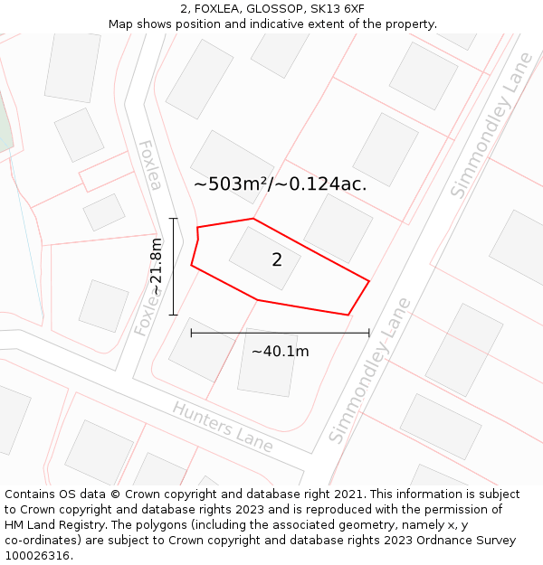 2, FOXLEA, GLOSSOP, SK13 6XF: Plot and title map