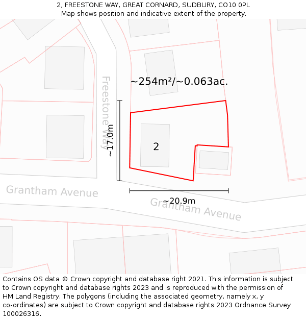 2, FREESTONE WAY, GREAT CORNARD, SUDBURY, CO10 0PL: Plot and title map