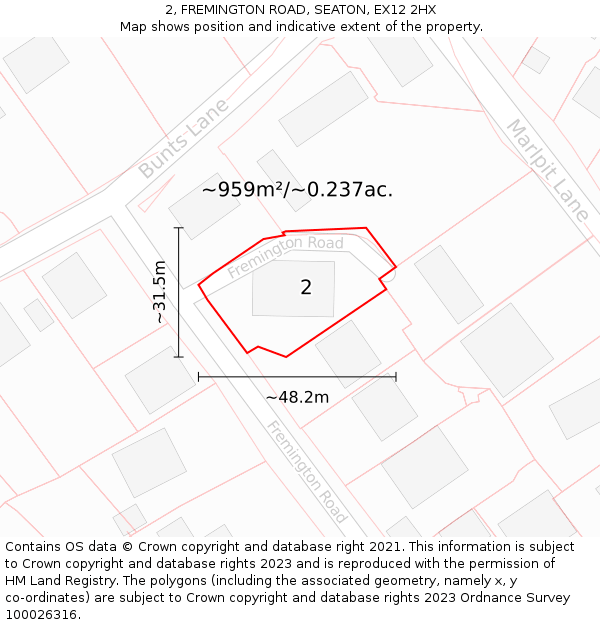 2, FREMINGTON ROAD, SEATON, EX12 2HX: Plot and title map