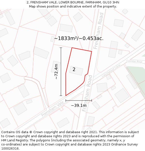 2, FRENSHAM VALE, LOWER BOURNE, FARNHAM, GU10 3HN: Plot and title map