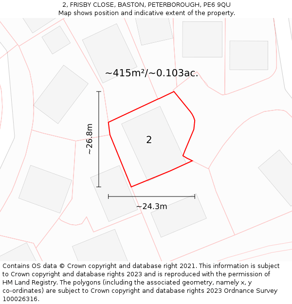 2, FRISBY CLOSE, BASTON, PETERBOROUGH, PE6 9QU: Plot and title map