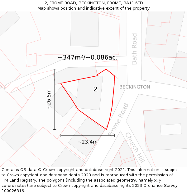 2, FROME ROAD, BECKINGTON, FROME, BA11 6TD: Plot and title map