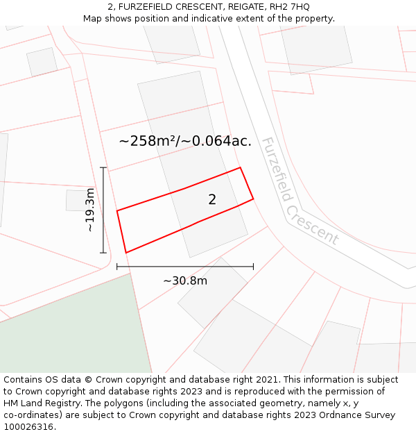 2, FURZEFIELD CRESCENT, REIGATE, RH2 7HQ: Plot and title map