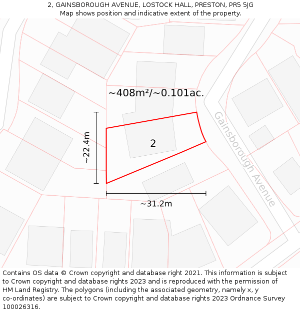 2, GAINSBOROUGH AVENUE, LOSTOCK HALL, PRESTON, PR5 5JG: Plot and title map